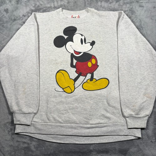 Vintage Disney Sweatshirt Mens XL Heather Gray Cotton Mickey Mouse Fleece Lined