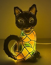Cat Night Light Tiffany Style Stained Resin Accent Lamp. USB or Plugin w/ Switch