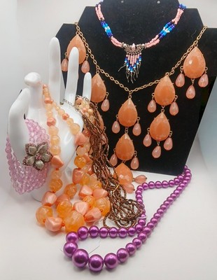 Vintage Peach Lucite Statement Necklace Lot Purple Pearl Glass Seed Bead Boho