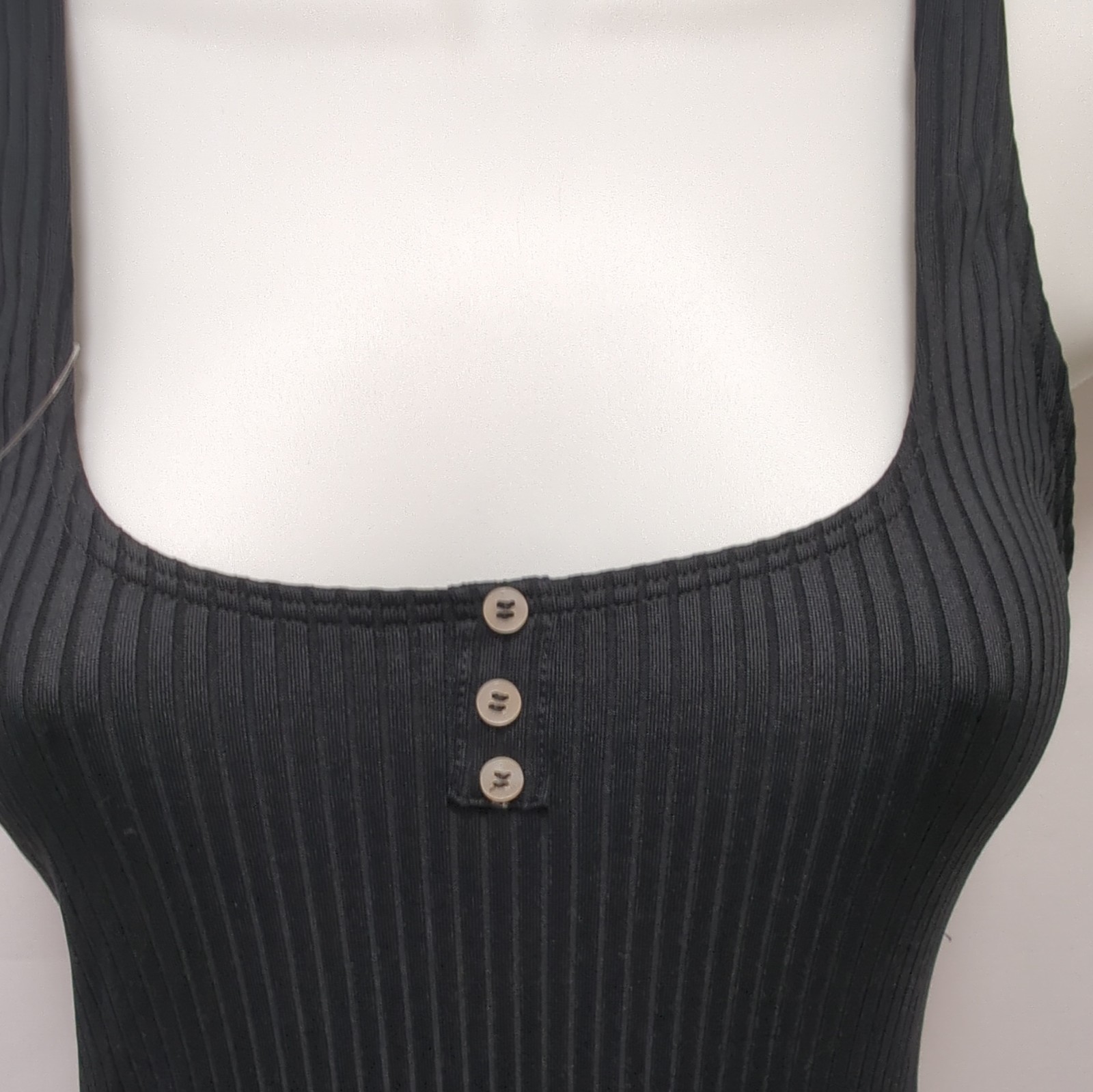 M&S Black Ribbed Button Front Stretch Bodysuit One Piece Women's Size XS image 2