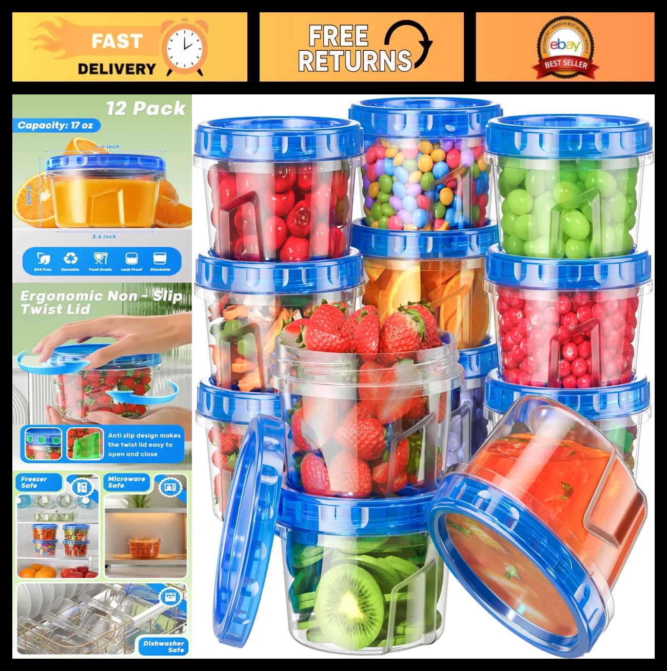 12 Pack 17oz Freezer Storage Containers - BPA Free, Reusable, Microwave Safe Sou