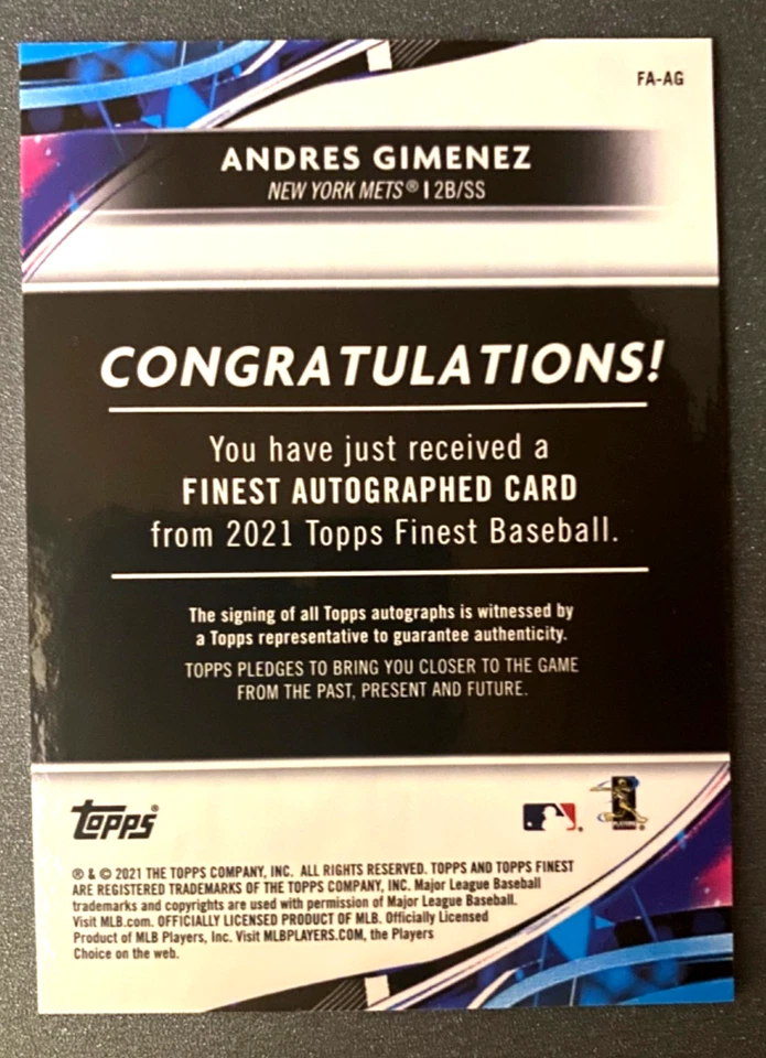 2021 Topps Finest Auto Andres Gimenez #FA-AG Rookie RC (*SURFACE SCRATCHES*) - Image 2 of 3