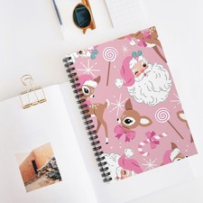 Pink Santa and Reindeer Pattern Spiral Notebook  Ruled