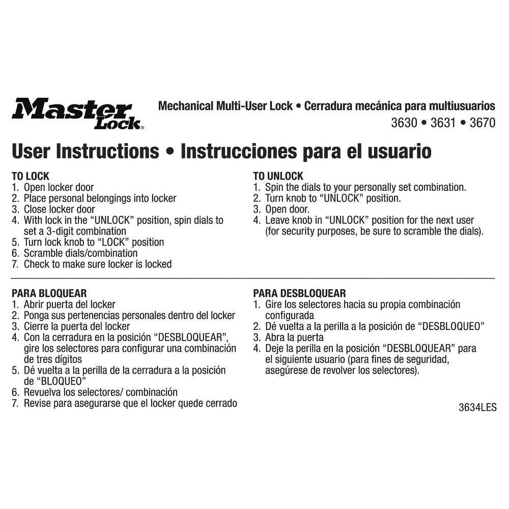 Master Lock 3634les Master Lock, pegatina de instrucciones, PK10 31MH09