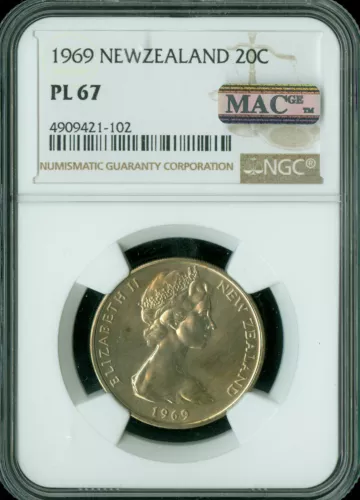 1969 NEW ZEALAND 20 CENTS NGC PL67 PQ MAC FINEST GRADE SPOTLESS .