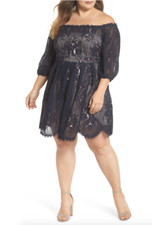  CHELSEA 28 FLORAL LACE OFF THE SHOULDER NAVY SAPPHIRE DRESS  sz 20