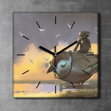 Wanduhr Bürouhr Leinwand Bild Quarz 30x30 Mädchen sitzt auf einem riesigen Vogel