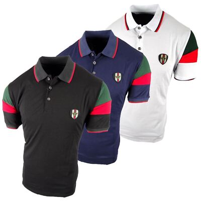 Mens Polo Shirt Sport Stripe Sleeves Collar Bee Chest Badge Slim Fit Stretch