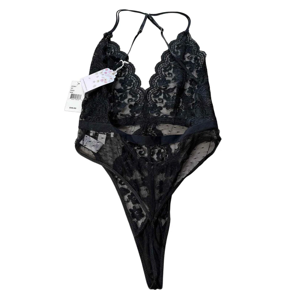 Tanga de peluche IN BLOOM BY JONQUIL cuello profundo encaje en negro - NUEVO CON ETIQUETAS - talla pequeña Foto 3 de 4