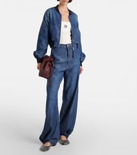 New! Loewe Leather-trimmed Cropped Denim Bomber Jacket, Fr 42 (us 10)