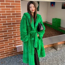 Luxury Womens Full Pelt Real Rex Rabbit Fur Long Coats Hood Genuine Fur Overcoat