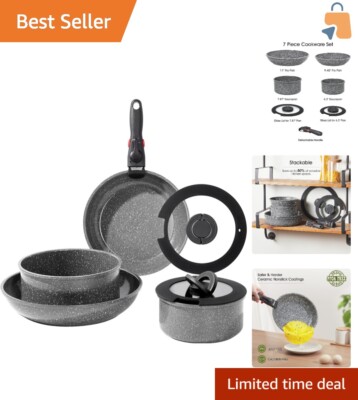 Space-Saving 7-Piece Non-Stick Ceramic Cookware Set with Detachable Handles