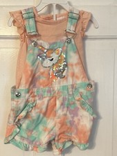 Little Lass Unicorn Multicolor Overall Shorts Peach Shirt Set Size 3T