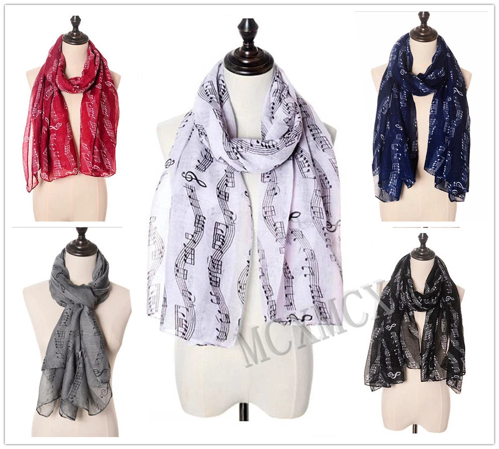 Sciarpa Stampa Note Musicali – Grigia Con Note Nere, Grande 180x100cm, Morbida, Leggera, Unisex, Regalo Per Musicisti