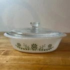 Vintage Glasbake Green Daisy Flower J-235 1 Quart Oval Casserole Dish w Lid