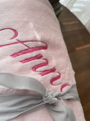 Pottery Barn Kids Pink Chamois Baby Blanket Imperfect Mono “Anna” NWOT Read - Picture 3 of 4
