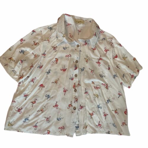 LOVE NOTES Camicia Donna M Media Top Blusa Stampa Fenicottero Bianco Bottone Crop - Foto 3 di 11