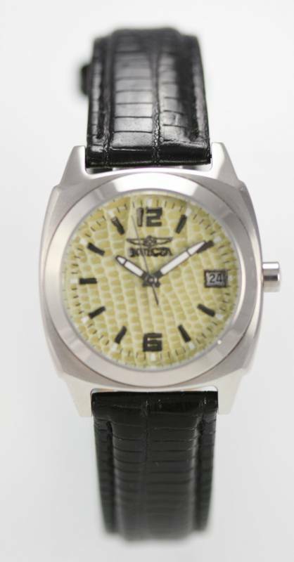 Invicta Watch Unisex Stainless Silver 100m Black Leather Date Tan Green Quartz