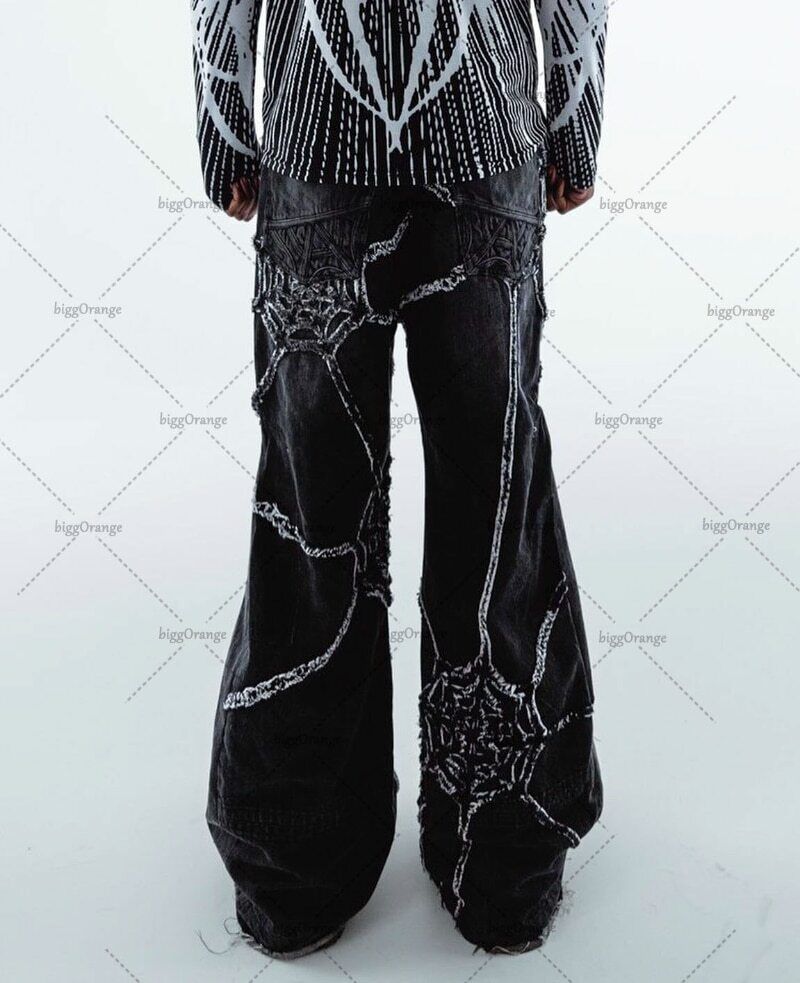 Trendy Washed Spider Web Striped Wide-Leg Pants Men Rock Loose High-Waisted
