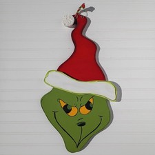 Grinch Wooden Door Hanger Wreath Handmade Signed Art 26.5 in Christmas Holiday