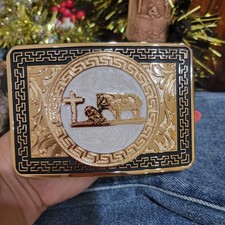 Praying Cowboy Western Belt Buckle Hebilla Rodeo Silver Rosetone 4x 3.5 Inche