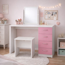 Dressing Table 4 Drawer Mirror Stool Vanity Makeup Storage Desks White Pink Wood