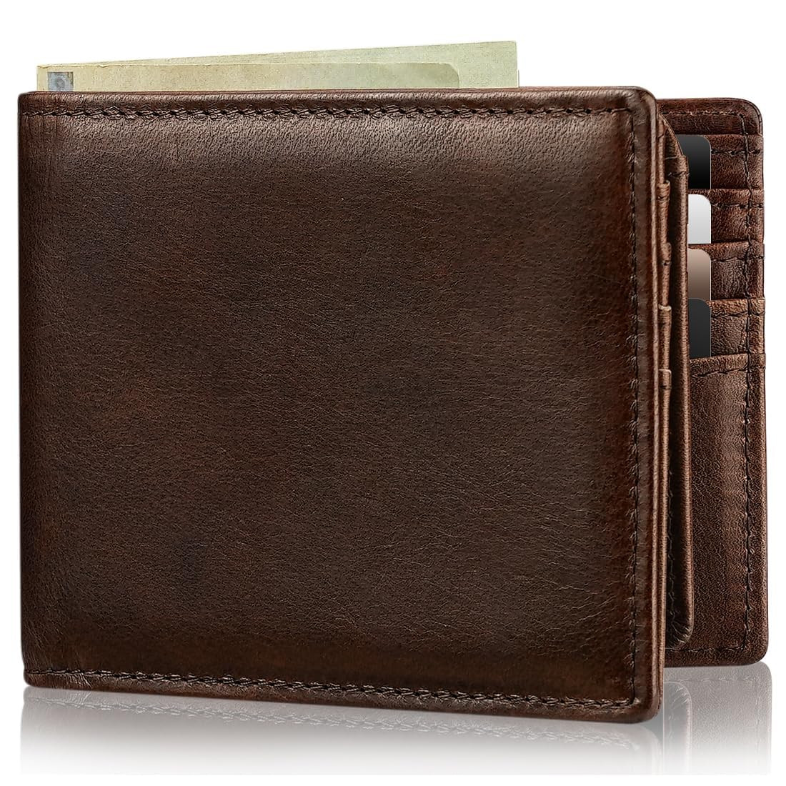 Men's Genuine Leather Bifold RFID Blocking Wallet with 2 ID Windows