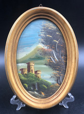 Quadro miniature ovale paesaggio castello vecchio cornice d'orato.