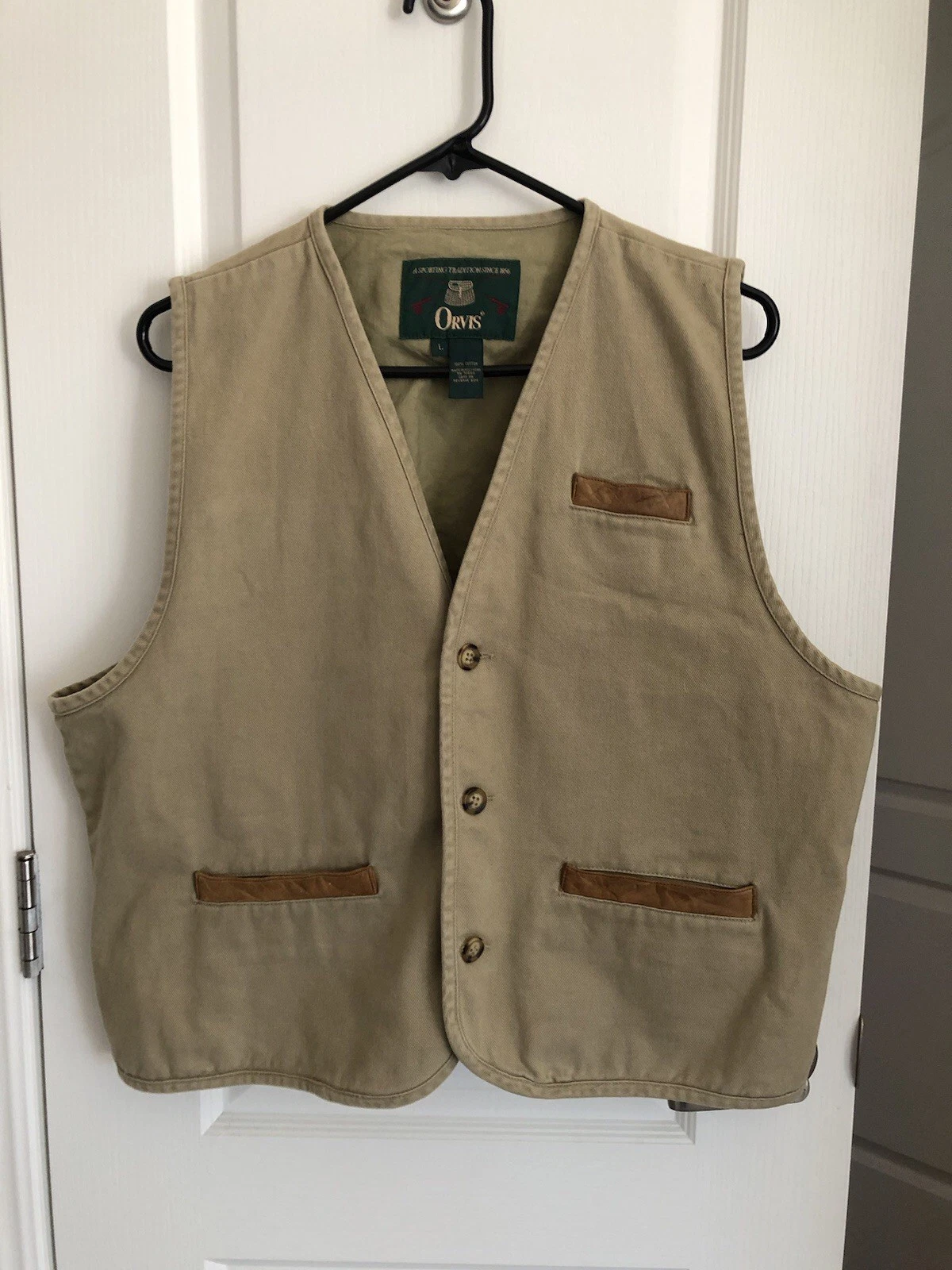 Vintage Orvis Vest Men L Brown Fly Fishing Canvas Leather Trim Pockets like NEW