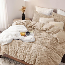 Fluffy Flannel Duvet Cover Set - Faux Fur Comforter Cover Queen Size, Deep Beige