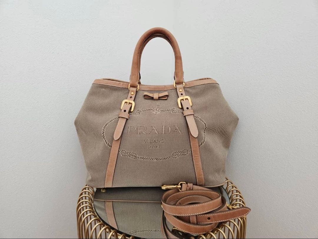 Condition PRADA Logo Jacquard 2way Tote Bag Shoulder Bag