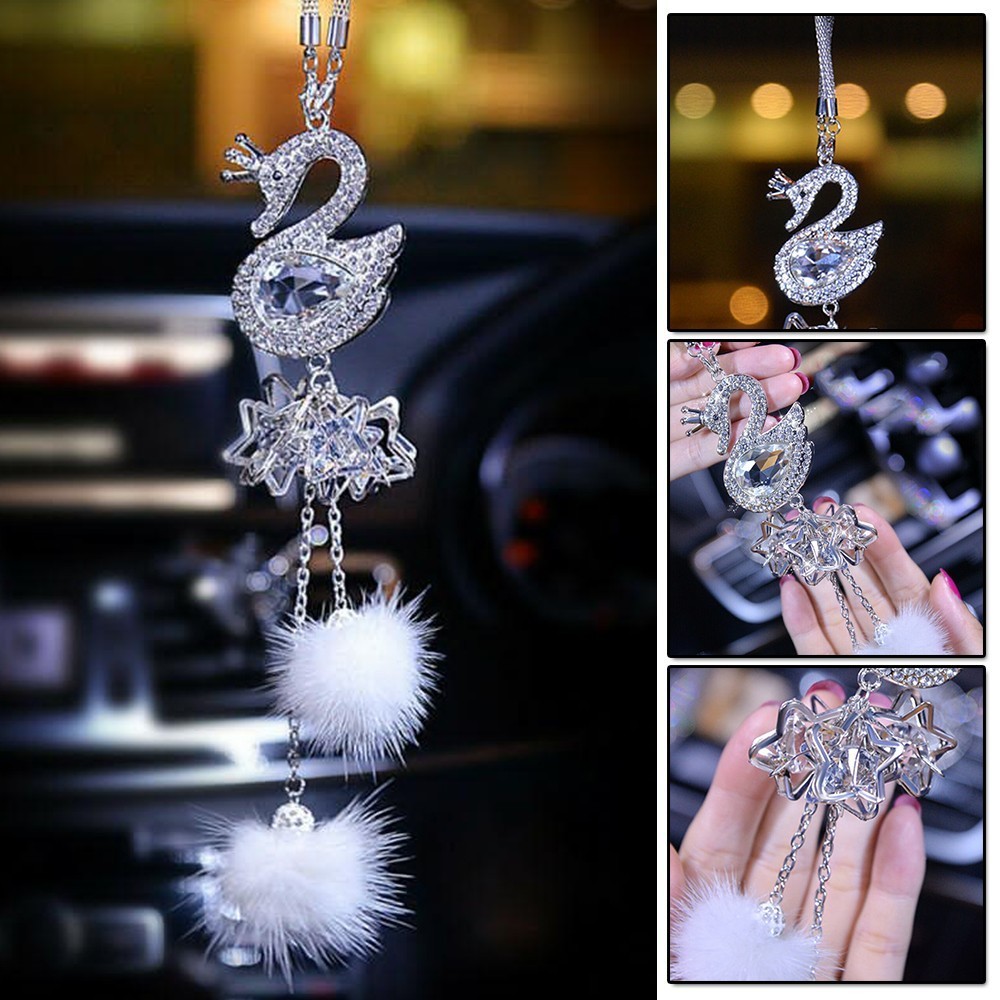 Voiture Pendentif Strass Cygne Peluche Balle Rétroviseur Suspendu Accessoire D