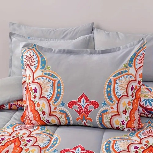 Comforter Set, Boho Pattern, Gray with Rainbow Floral- Size FULL - Foto 7 di 8