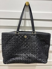 Tory Burch Black Woven Tote Bag with Gold Logo, Zip Closure, Double Handles