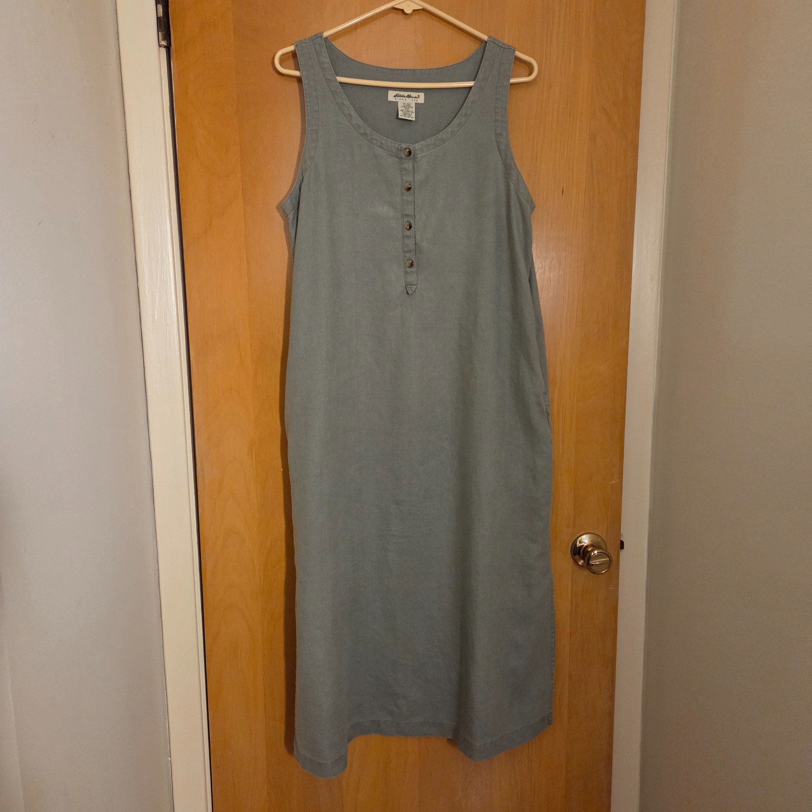 Vintage 90s Eddie Bauer Dress Size S/SP Sage Green 100% Linen Maxi Button Front