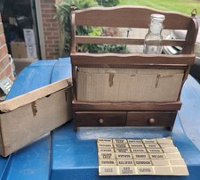 VTG NOS Wooden Spice Rack With 2 Drawers 12 Labeled Apothecary Glass Bottles MCM