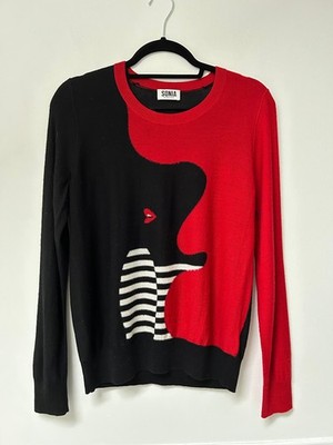 SONIA RYKIEL Pullover schwarz rote Lippen Rundhals Wollmischung L/Ärmel L UK10-12 349£