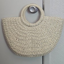 Handwoven Rattan Straw Top Handle Boho Bohemian Tote Beach Bag Beige / Tan Purse