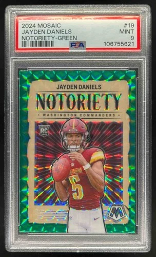 2024 Mosaic Jayden Daniels Notoriety RC Green Rookie #19 Commanders PSA 9