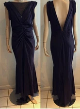 Vera Wang Dark Blue Silk Ruched Beaded Low Cut Back Evening Gown Long Dress sz 6