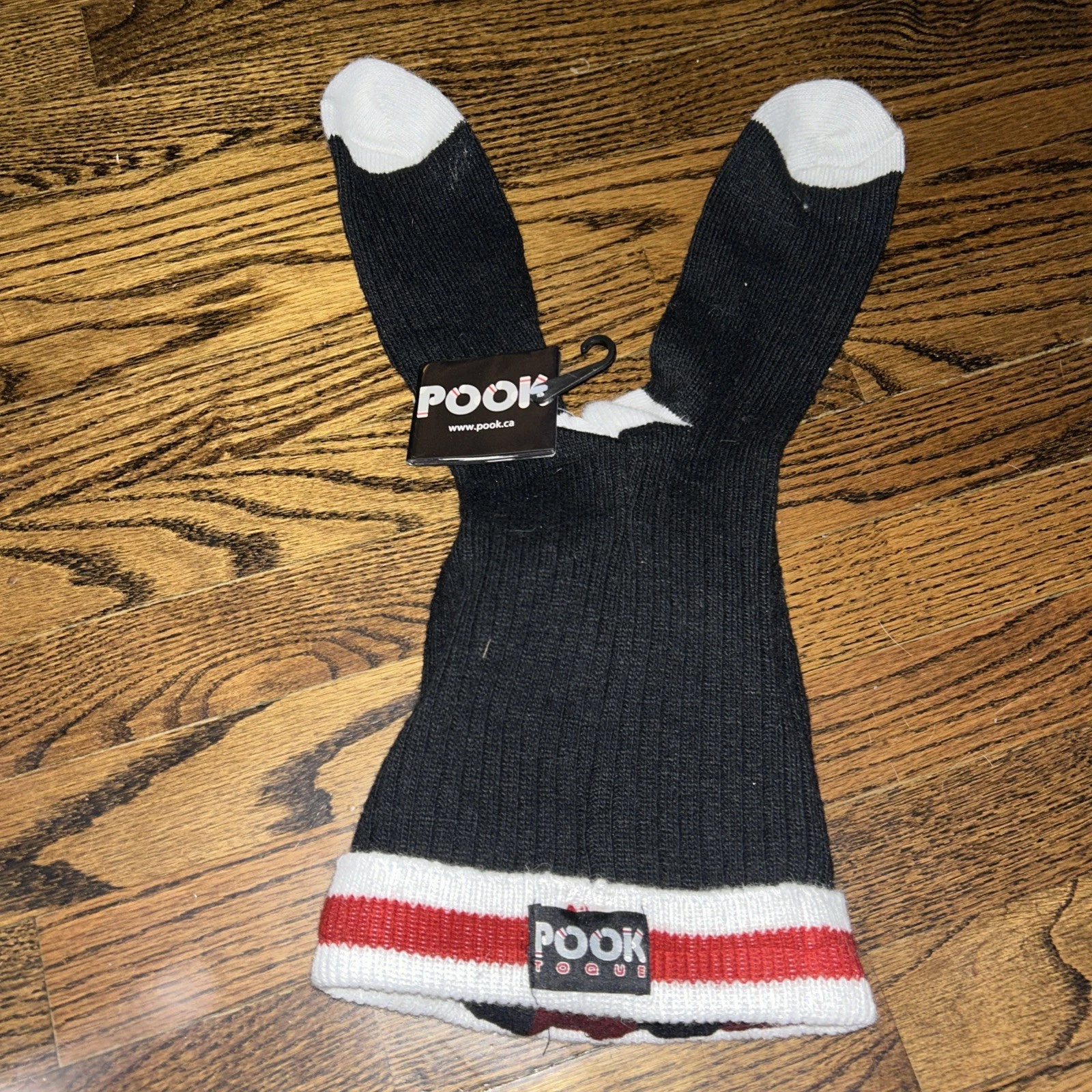 New With Tags Pook Toque-Red & Black SOCK HAT & Mittens One Size Fits Reversible