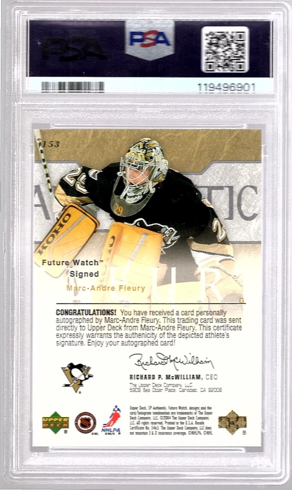 MARC-ANDRE FLEURY 2003-04 UD SP Authentic Future Watch Auto ROOKIE #/999 PSA 9 - Image 2 of 2