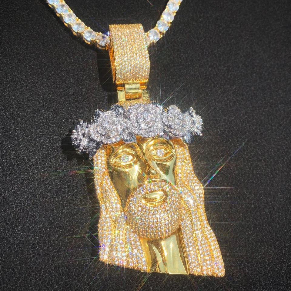3AAA+ CZ Ice Out Hop Hip Rose Flower Jesus Pendant 24k Real Gold Plated 20In - Image 2 of 4
