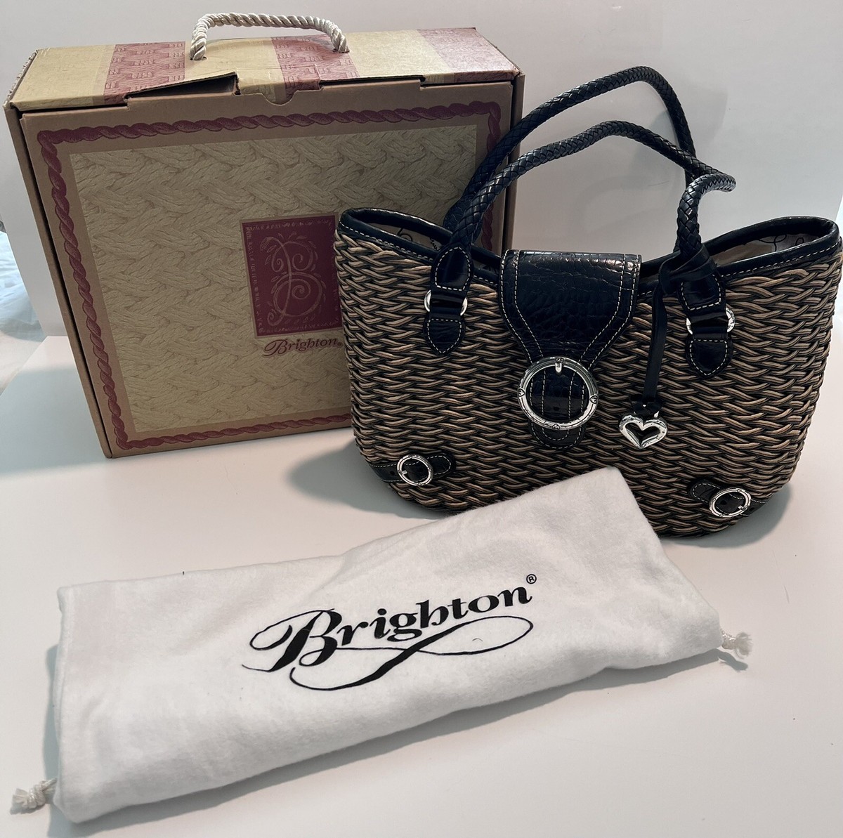 Brighton, Black leather and woven Straw Purse with Bag and Box, preowned
