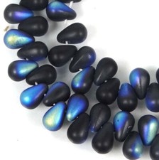 50 Czech Frosted Sea Glass Teardrop Beads -Matte - Jet AB moonstone 6x4mm