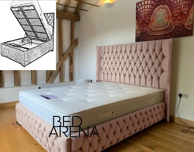 BED ARENA Plush Velvet Winged Storage Bed, Ottoman Bed Frame, Wing Back Gas Lift Bed Frame