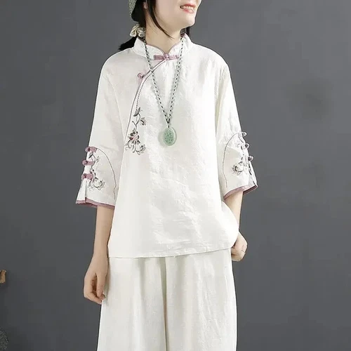 Blusa Camisa Mujer China Bordada Floral Cuello Mandarín Retro Top Étnico - Imagen 1 de 19