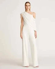$445 HALSTON "Hailey" one shoulder draped jumpsuit wide leg - sz 6