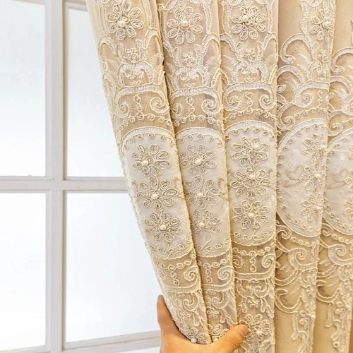 Cortinas oscuras de lujo bordadas con flores en relieve de doble capa 3D de tul transparente Foto 3 de 4