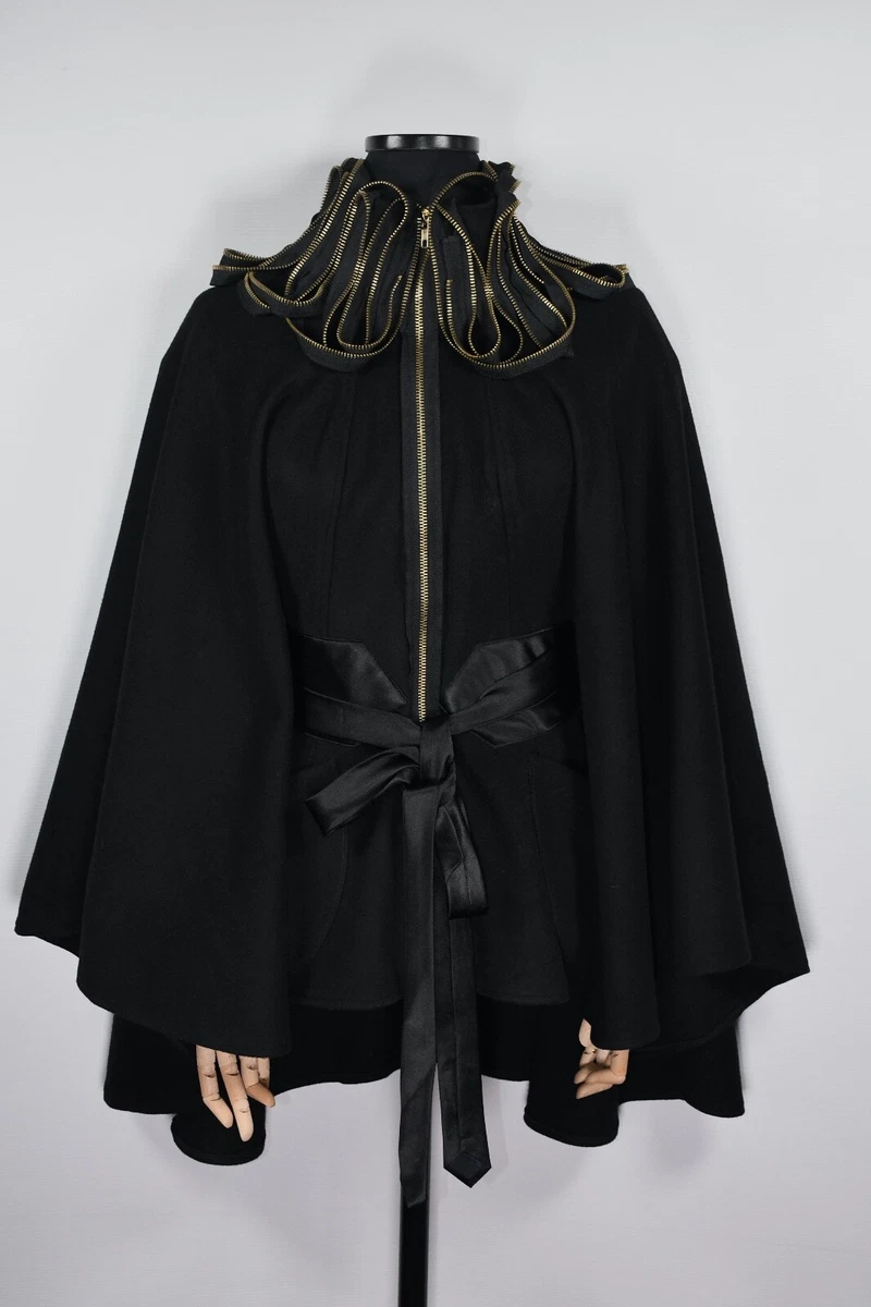 Sohung Designs Cape Jacket Black Wool Belted Zipper Detail Coat